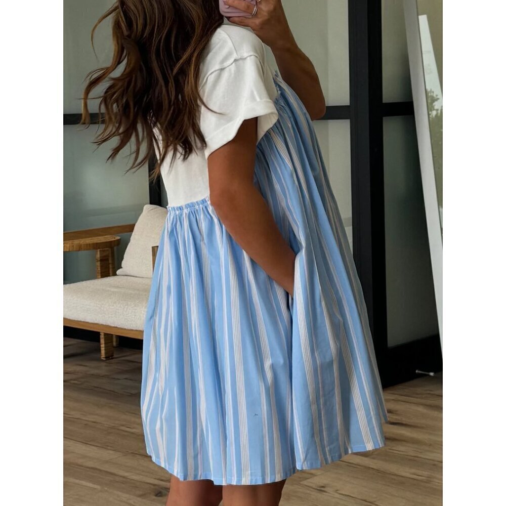WISHLIST Nordstrom Stripe Twofer Mixed Media Cotton Babydoll Dress in Blue Combo - Picture 2 of 10